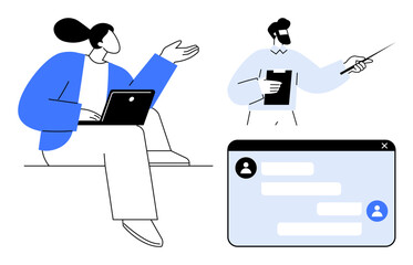 Professionals engaged in discussion, one with a laptop, the other pointing with a document. Chat window interface nearby. Ideal for communication, teamwork, remote work, technology, productivity