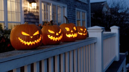Obraz premium Four carved pumpkins on a porch railing, illuminated with a spooky glow. The house in the background adds to the eerie atmosphere of the scene