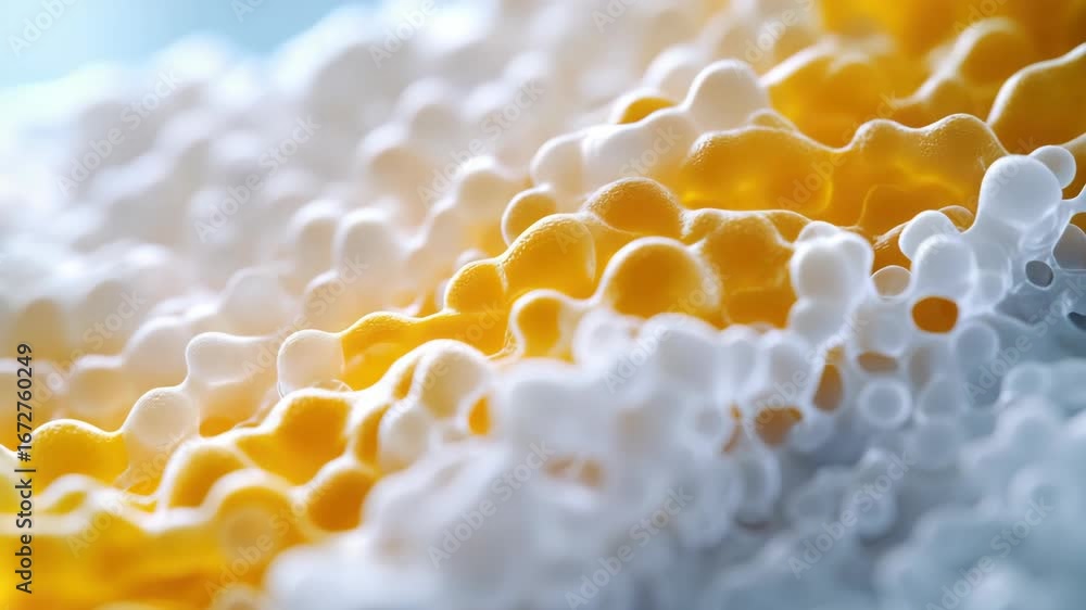 Poster close-up of colorful undulating foam structure, blending yellow and white hues in abstract pattern