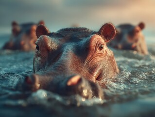 Fototapeta premium Hippos swimming in a serene river at sunset observed in the wild in a lush habitat