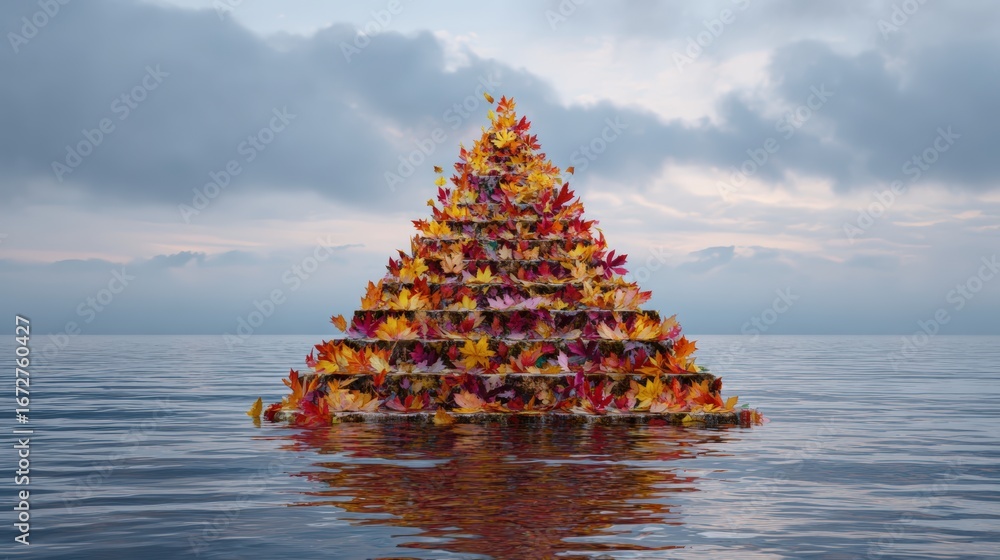 Poster a pyramid of autumn leaves floating on calm water, under a cloudy sky, creating a serene and artisti