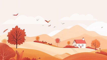 Autumnal hillside house, birds flying, misty mountains, fall landscape, cozy home