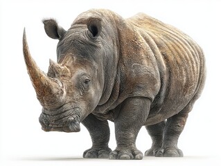 Obraz premium Strong rhinoceros standing proudly in a natural habitat showcasing its impressive horn and textured skin during daylight hours