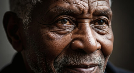A close up portrait of an elderly african american man with gray beard and detailed skin texture