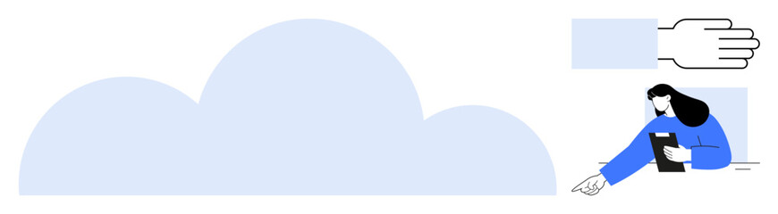 Large cloud shape beside a hand and a woman using a tablet device. Ideal for technology, teamwork, data access, remote services, online collaboration, education, simple landing page