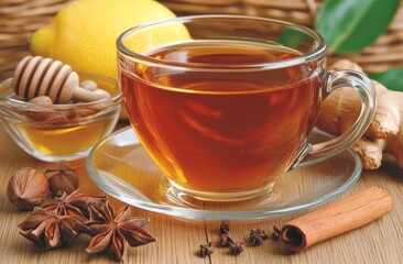 Fototapeta premium A wooden table supports a white cup filled with ginger tea that has been mixed with lemon