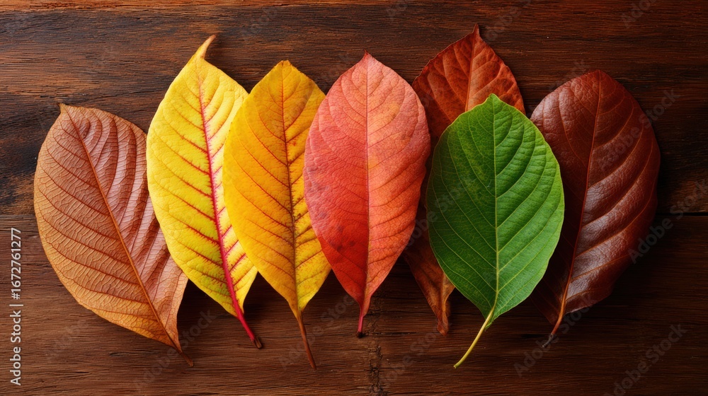 Poster vibrant autumn leaves arranged on a wooden surface, showcasing a stunning array of colors. the compo