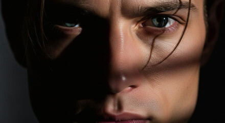 A close up of a man's face with one side in shadow and light reflecting on the other side of face
