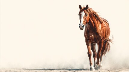 Fototapeta premium Chestnut horse running through sandy terrain in golden light during late afternoon