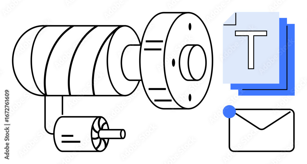Poster mechanical parts connected to a rotor paired with digital stack of text and email icon. ideal for te