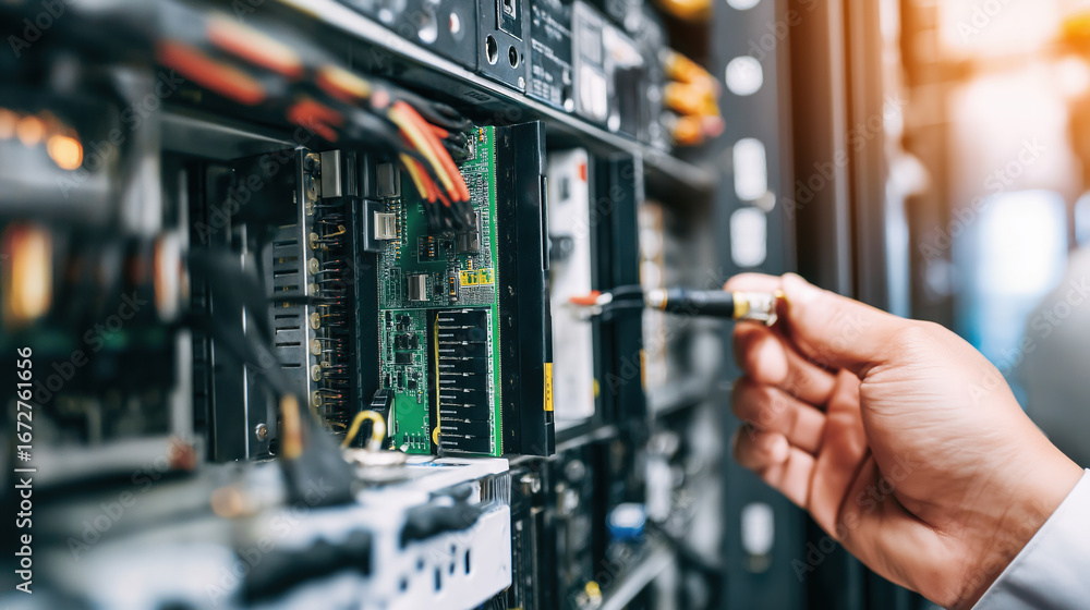 Poster technician performing maintenance on server hardware in a data center environment