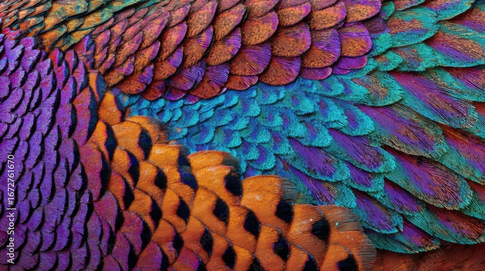 Poster a close-up view of a bird's beautiful iridescent feathers, showcasing a vibrant array of colors and 