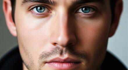 Close up portrait of a man with striking blue eyes and a hint of stubble on his face looking directly ahead