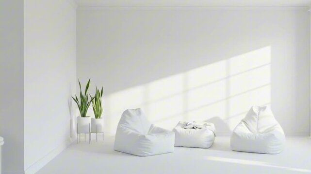 White interior bean bag chairs plants sunlight creates geometric pattern