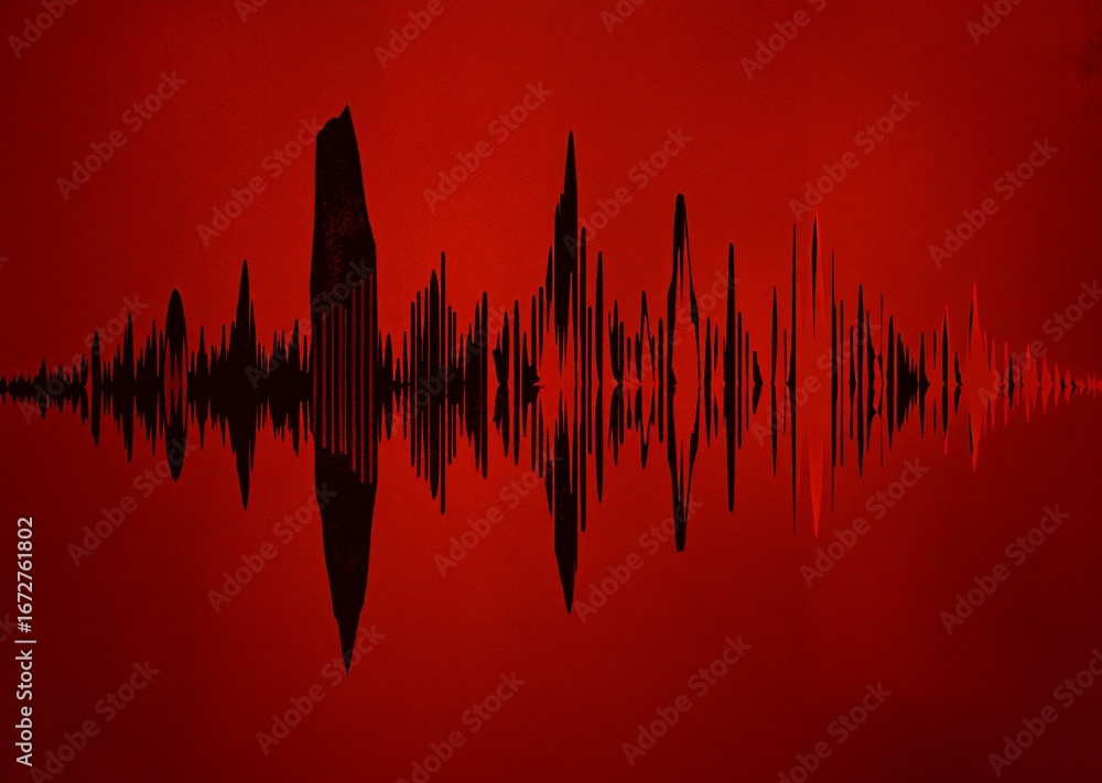Poster abstract red and black sound wave graphic with sharp peaks and a mirrored reflection, symbolizing au
