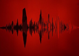 Abstract red and black sound wave graphic with sharp peaks and a mirrored reflection, symbolizing audio or data visualization.