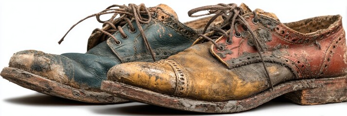 Vintage worn leather shoes in blue and red sitting side by side on a white background