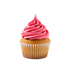 A Single Cupcake with Swirled Pink Frosting on white 