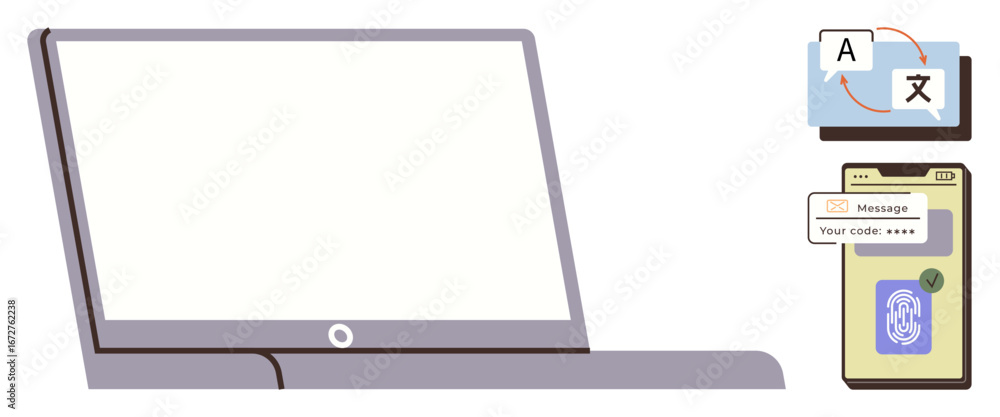 Poster laptop with blank screen, smartphone showing a message with code and fingerprint lock, digital langu