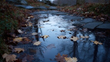 Obraz premium A moody scene of a puddle on a stone pathway, reflecting the overcast sky and fallen leaves