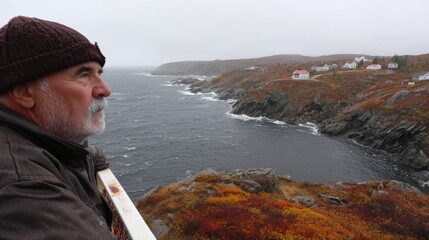 An older man gazing out at the ocean, his weathered face reflecting a contemplative mood. He is wearing a hat and a jacket.