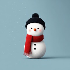 Fototapeta premium Snowman wearing a black hat and a red scarf stands against a light blue background during winter