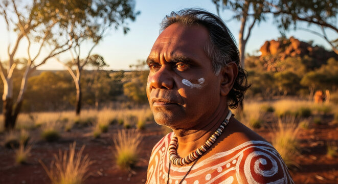 Portrait of an aboriginal man with body paint and necklace in the australian outback landscape