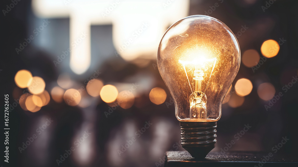 Poster bright light bulb glows in urban setting during evening with bokeh background