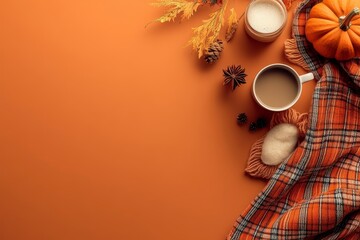 Capture the essence of autumn with this bird's-eye view photo of a golden cup of coffee, complemented by a colorful, patchy scarf and pumpkin candles, all set against a warm, brown background,