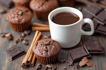 The scene of a coffee break includes a wooden table with a cup of aromatic black coffee, coffee beans, cinnamon sticks, anise stars, homemade muffins, and pieces of chocolate, all revolving around a