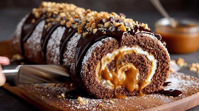 Close-up video of decadent chocolate peanut butter cake roll being assembled and garnished on kitchen counter, amateur realistic style, high-quality phone capture, showing batter, filling, toppings, a