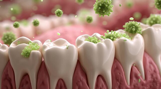 3D animation video of human teeth with bacteria slowly being healed, green antibacterial effect spreading, cinematic medical visualization, hyper-realistic textures, educational dental health demonstr