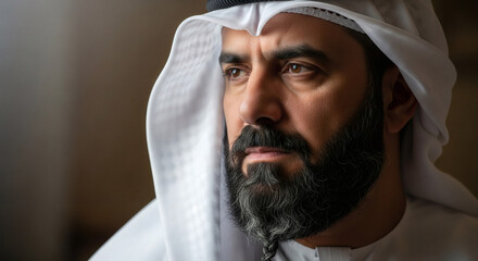 Portrait of a man with a beard wearing a white ghutra looking thoughtfully off to the side in soft light