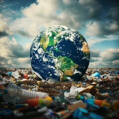 Globe earth covered with trash and plastic, symbolic environmental pollution concept, surreal background.