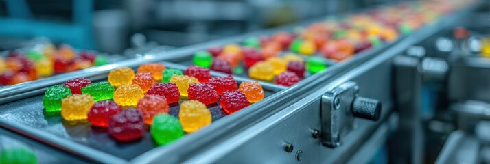 Colorful gummy candies moving along a conveyor belt in a factory during a busy production process
