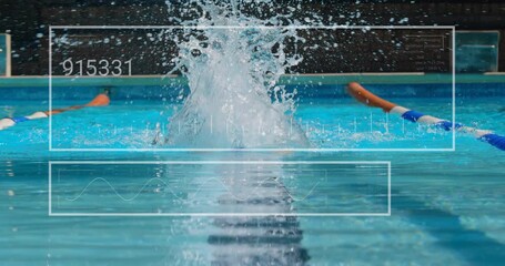 Female swimmer swimming butterfly stroke facing camera, activating overlay tracking fitness data - Powered by Adobe