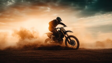Dirt bike rider maneuvers through dusty terrain at sunset.  Dramatic lighting and motion blur capture the thrill