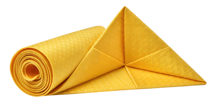 Yellow Folded Napkin: A beautifully textured yellow napkin demonstrates intricate folding techniques, inviting you to appreciate the elegance of simplicity.