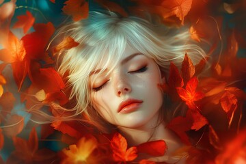 Fototapeta premium Warm lighting illuminates the art of a person enveloped in a cloud of leaves, conveying an autumn mood