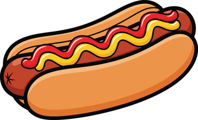 A simplified colorful illustration of a hot dog with wavy lines of ketchup and mustard
