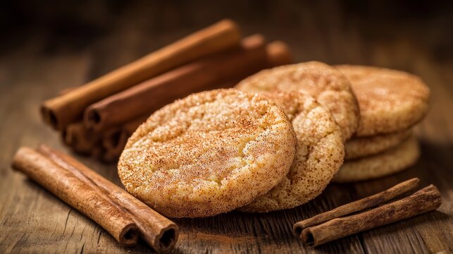 Freshly baked snickerdoodle cookies sprinkled with cinnamon sit on a wooden table, encircled by an arrangement of cinnamon sticks