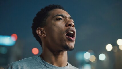 Young man shouting in the city at night