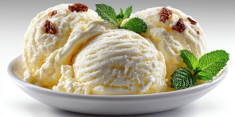 Delicious ice cream scoops served with mint leaves in a white bowl at a summer gathering