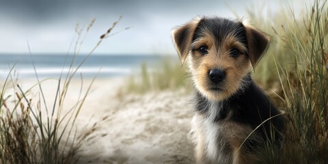 Cute puppy sits on sandy beach surrounded by tall grass near ocean water on a cloudy day