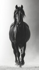 Majestic black horse gallops forward through misty landscape during early morning light
