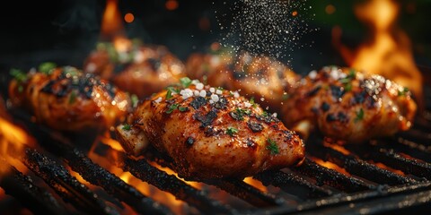 Juicy grilled chicken thighs sizzling on barbecue with spices during summer cookout at a backyard gathering