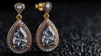 Elegant gold and diamond earrings displayed on a textured black surface in a luxurious setting