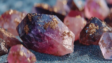 Beautiful colorful crystals with golden accents shining on textured surface during sunlight