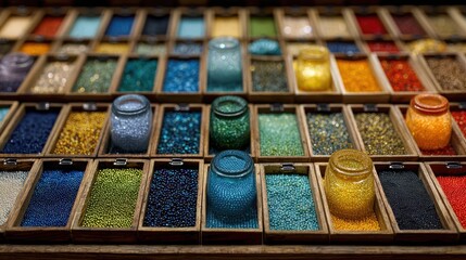 Colorful beads arranged in wooden containers at a craft store during the day