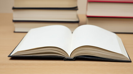 Open book on wooden table with stacked books in background during daytime study session